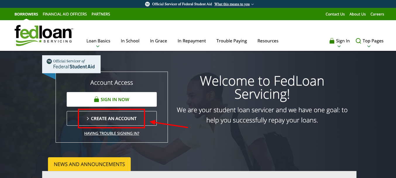 MyFedLoan create account page