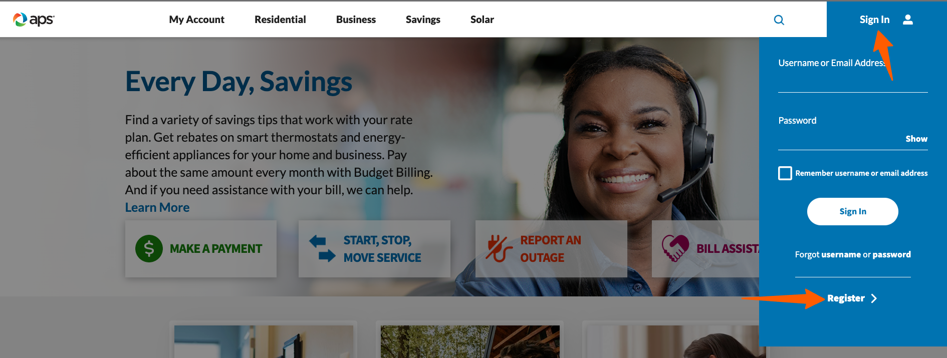 register for aps bill pay account